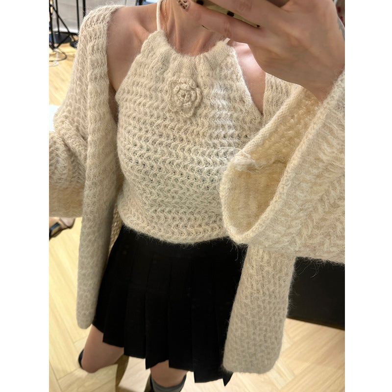 Damen cropped Stricktop mit floralen Akzenten Drune