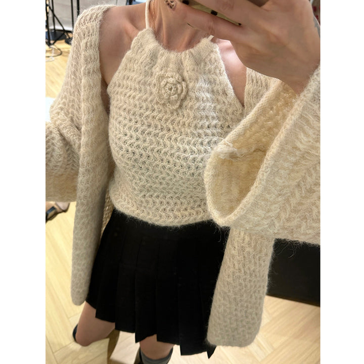 Damen cropped Stricktop mit floralen Akzenten Drune