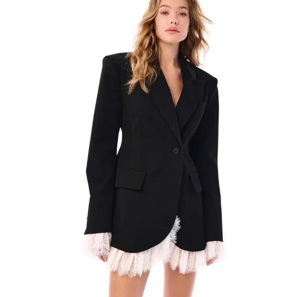 Damen nan längerer taillierter Blazer-Mantel mit Reverskragen und Pattentaschen Drune