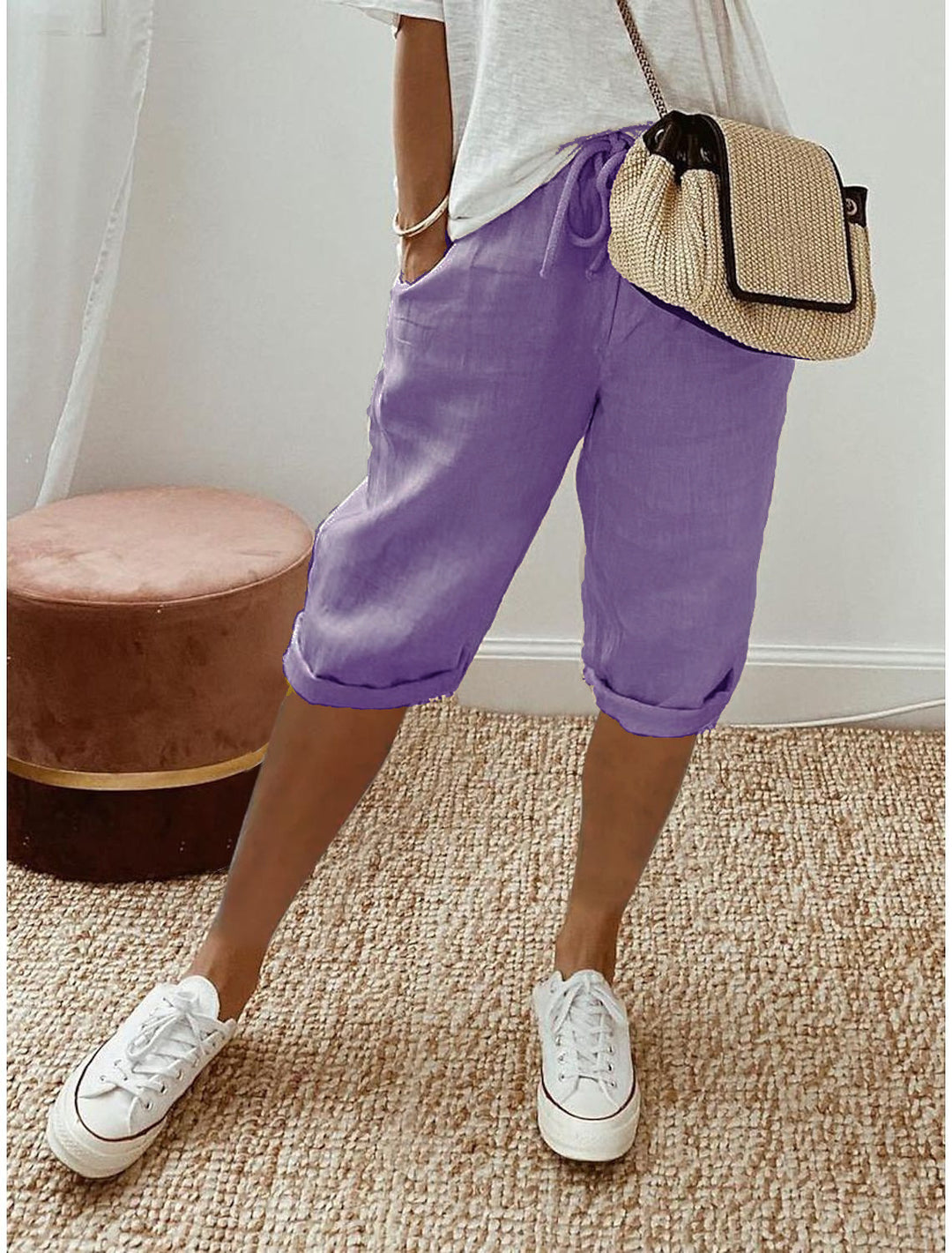 Damen lässige Cropped-Hosen mit Gummi Bund und Taschen Drune
