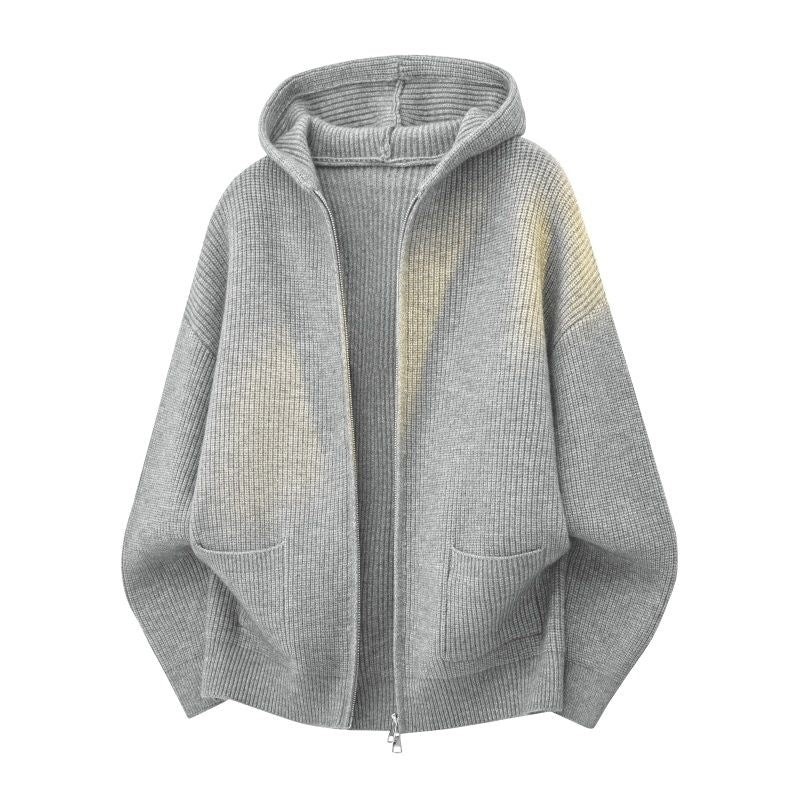 Damen Kuschelige Oversize-Rippstrick-Kapuzenjacke mit Zwei-Wege-Reißverschluss & aufgesetzten Taschen Drune