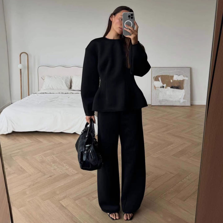 Damen Tailliertes Peplum-Oberteil mit Wiener Nähten und weitem Lounge-Hosen-Set Drune