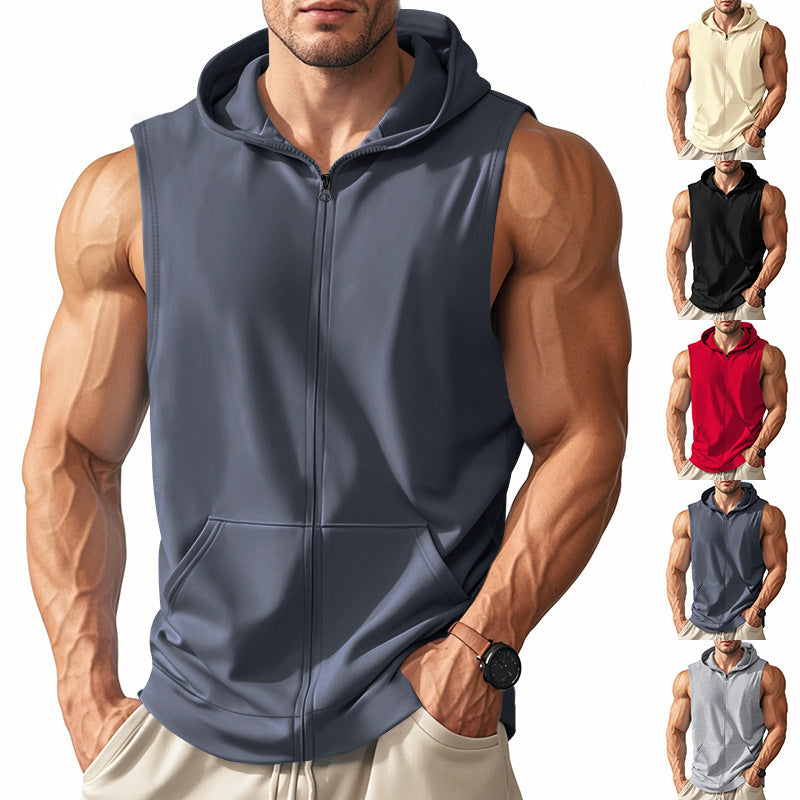 Herren sportlicher ärmelloser Hoodie mit praktischem Reißverschluss und Kängurutasche Drune