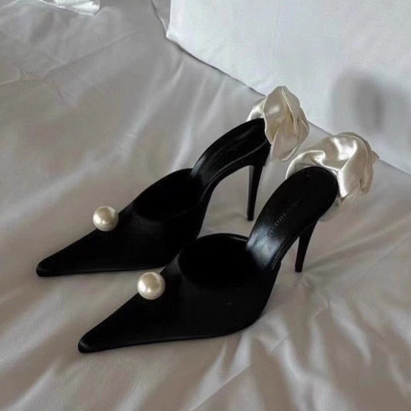 Damen spitze Satin-Flower Stiletto-Mules mit Perlenapplikation Drune