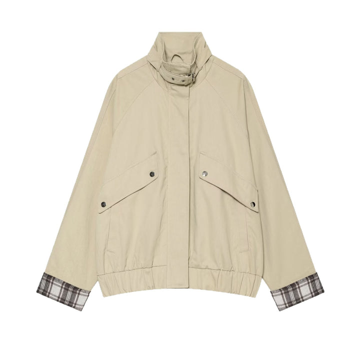 Damen Kurze Boxy-Fieldjacke mit hohem Funnelkragen und karierten Ärmelumschlägen Drune