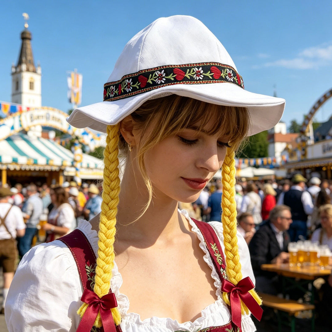 Damen nan folklorischer Sonnenhut mit dekorativem besticktem Band und langen geflochtenen Zöpfen Drune