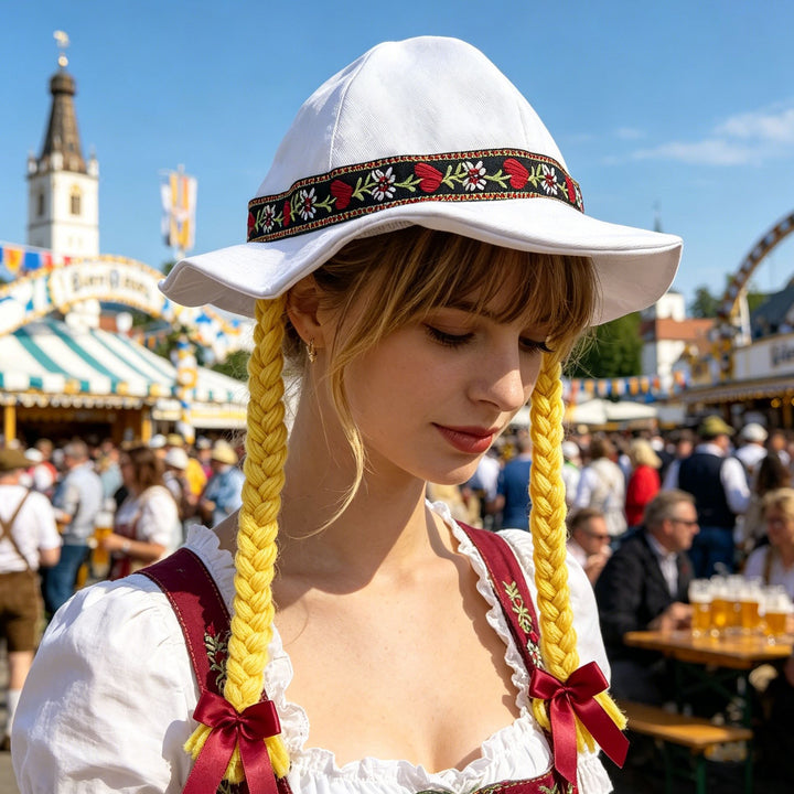 Damen nan folklorischer Sonnenhut mit dekorativem besticktem Band und langen geflochtenen Zöpfen Drune