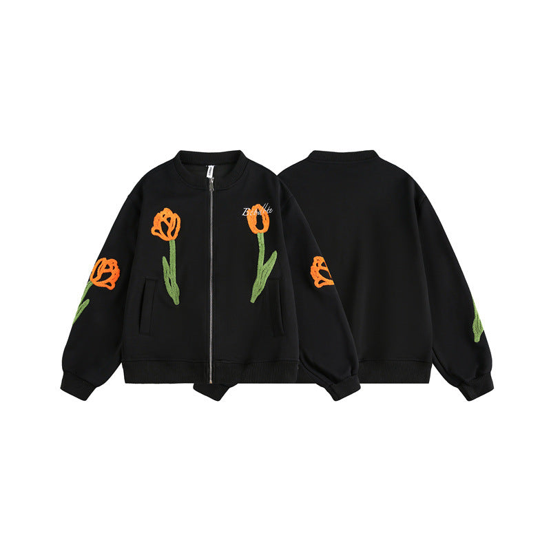 Damen Bestickte Bomberjacke mit Tulpen‑Stickereien und Rippbündchen Drune