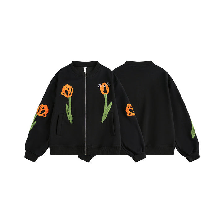 Damen Bestickte Bomberjacke mit Tulpen‑Stickereien und Rippbündchen Drune