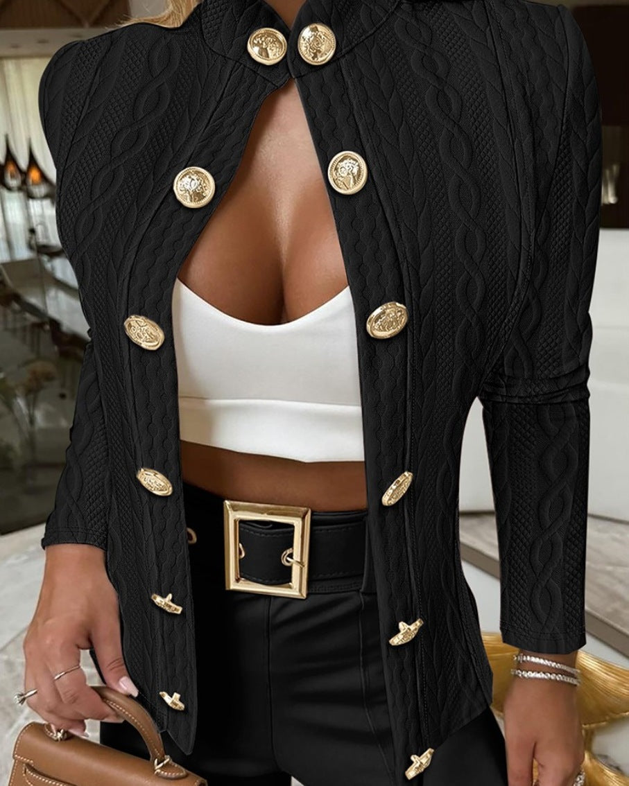 Damen Eleganter Strickblazer mit goldenen Knöpfen und Stehkragen Drune