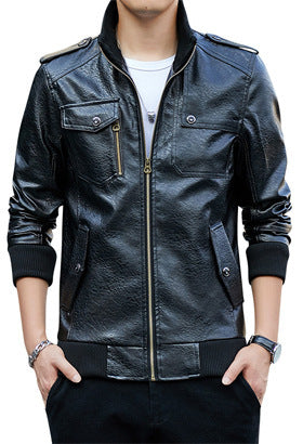 Herren Kunstleder-Flightjacke mit Brust- und Reißverschlusstaschen, Stehkragen und Rippbündchen Drune