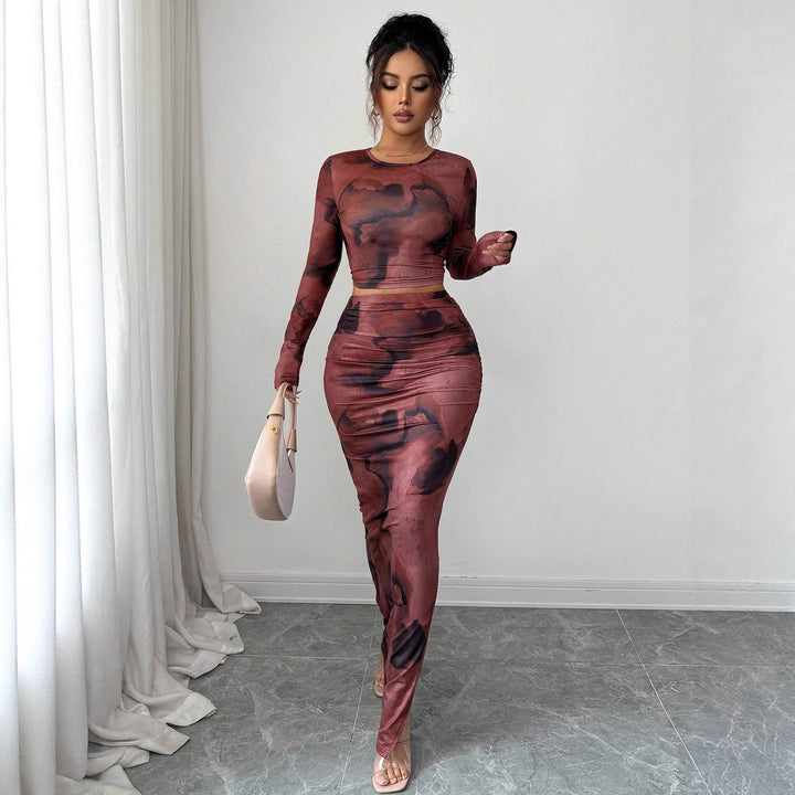 Damen nan zweiteiliges figurbetontes Set aus elastischem Mesh mit langärmligem Crop-Top, Daumenloch und gerafftem Midirock Drune