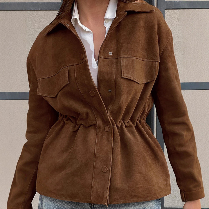 Damen Modische Suede-Jacke mit Taillierung und praktischen Pattentaschen Drune