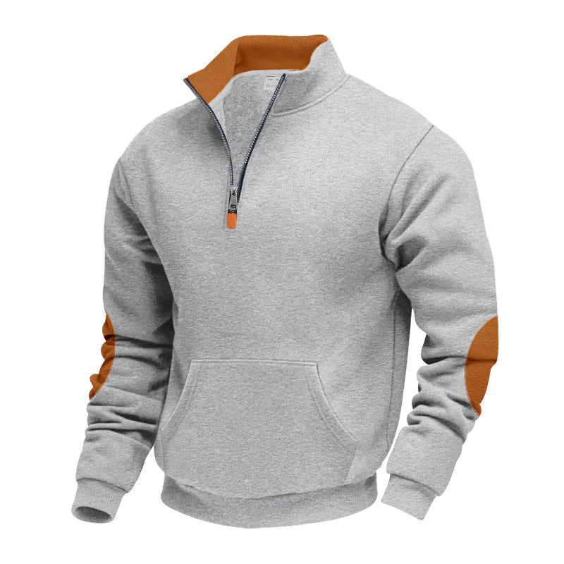 Herren nan isolierter Halbzip-Pullover mit Stehkragen Fleece-Innenfutter Kängurutasche und Wildleder-Ellenbogenpatches Drune