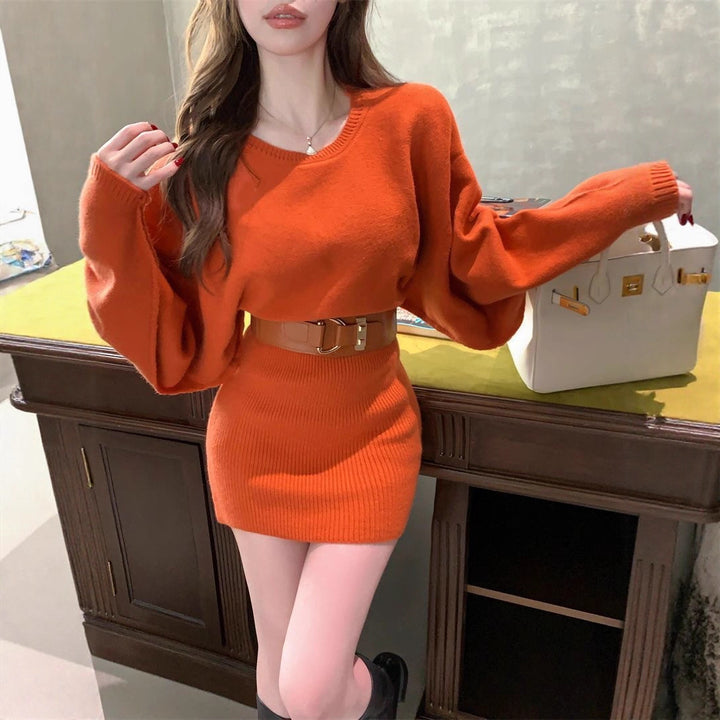 Damen Modisches Strickkleid mit weichem Material und breiten Ärmeln Drune
