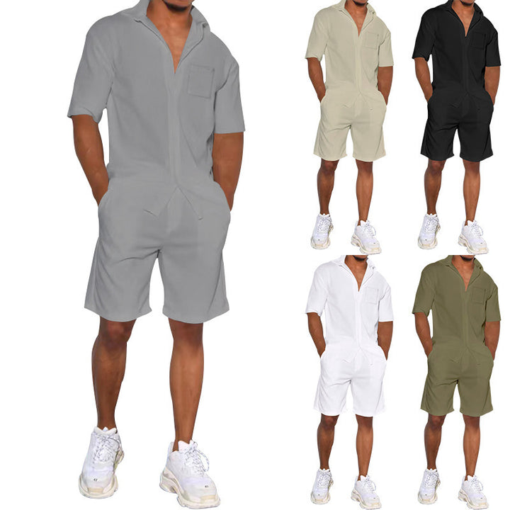 Herren nan legeres Resort-Zweiteiler mit offenem Kurzarm-Hemd, Brusttasche und elastischer Bermuda Drune
