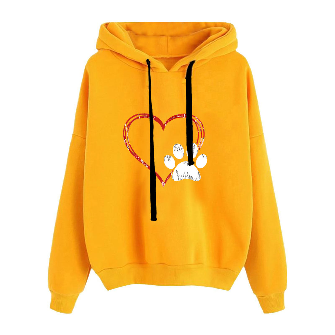 Damen nan lässiger Oversize Kapuzenpullover mit Herz‑und‑Pfotenprint, Kordelzug und gerippten Bündchen Drune