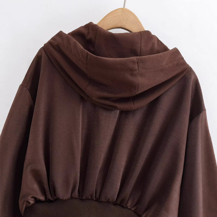 Damen Cropped Hoodie-Jacke mit durchgehendem Reißverschluss, breite Kapuze und taillierendem Rippbund Drune
