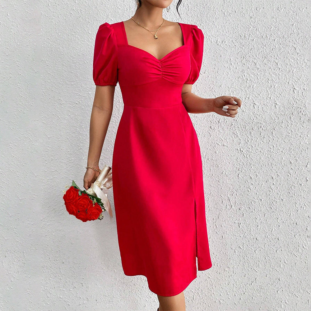 Damen Midi-Kleid mit Puffärmeln und schickem Seitenriss Drune