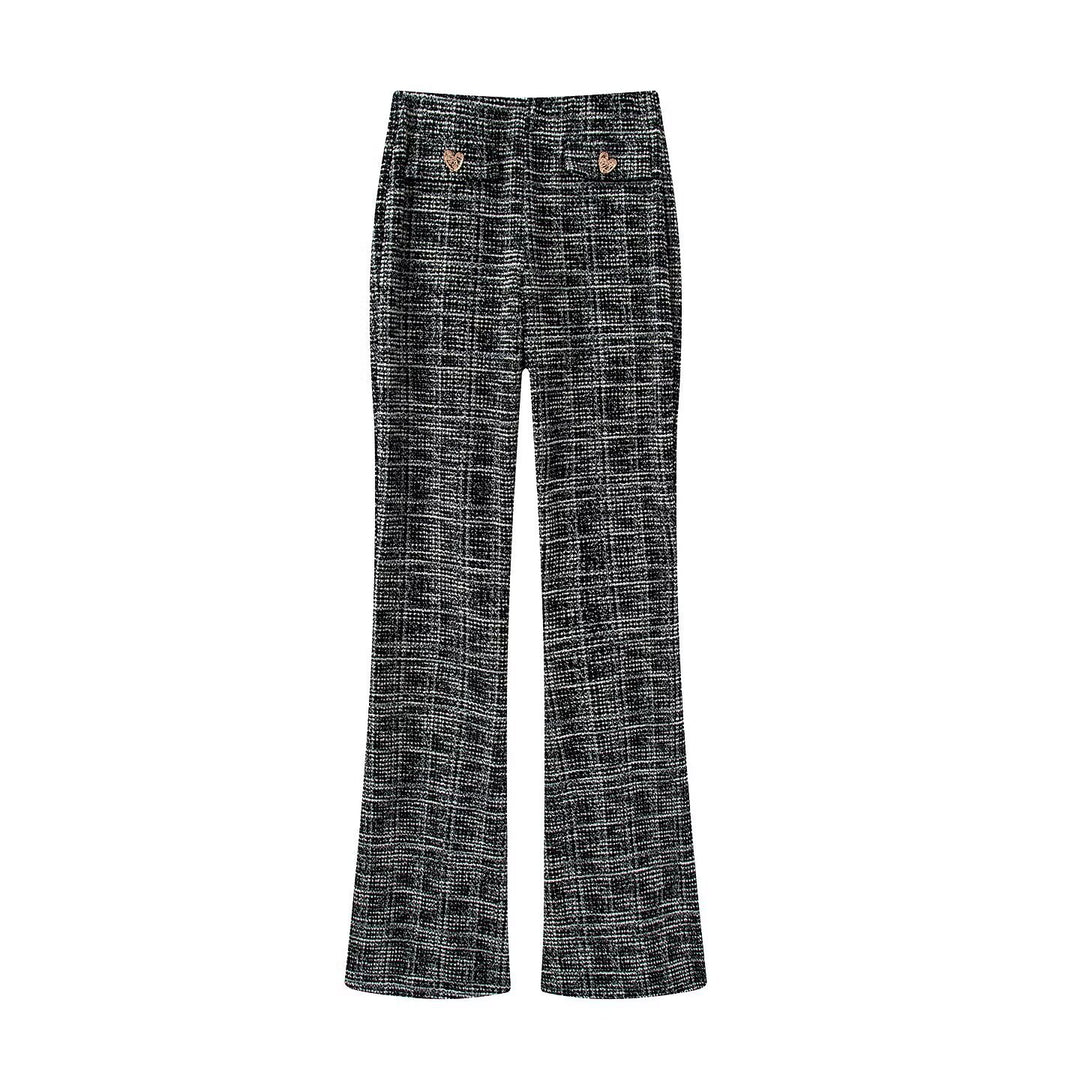 Damen elegante Karohose mit schmalem Schnitt und dekorativen Knöpfen Drune
