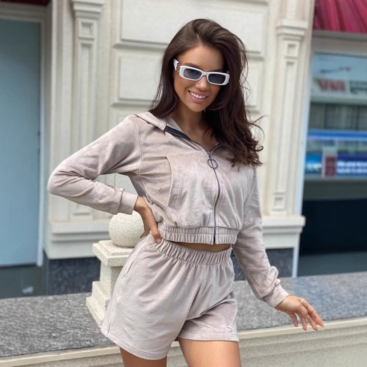 Damen modisches Cropped Hoodie- und kurze Hose-Set