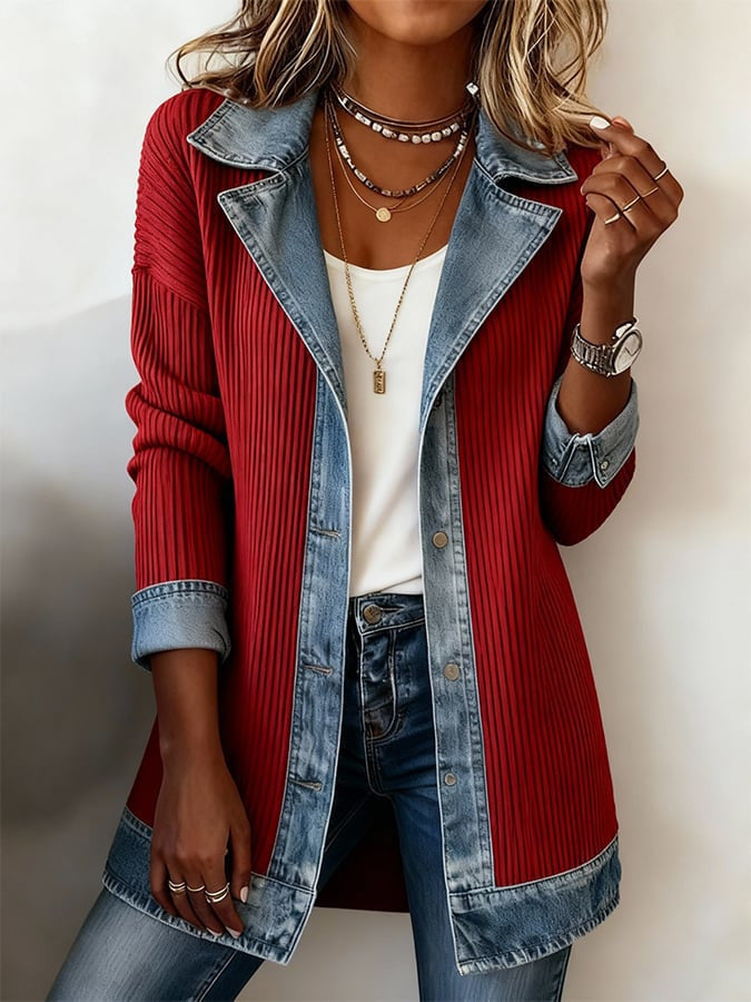 Damen Lange Strickjacke mit Denim-Kragen und Denim-Besatz Drune