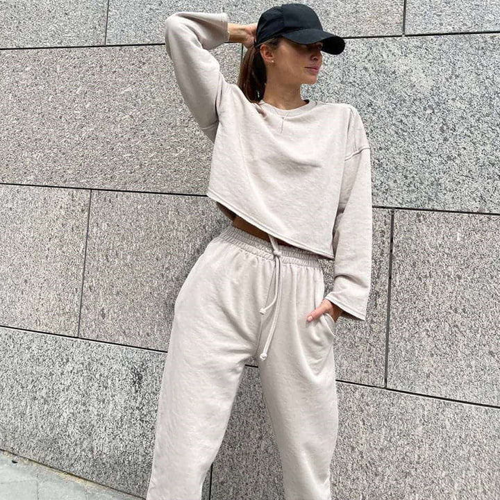 Damen lässiges Oversize-Lounge-Set mit weitem Crewneck-Sweater und elastischer Kordelbund-Jogginghose Drune
