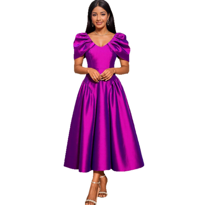 Damen Elegantes Satin Abendkleid mit voluminösen Puffärmeln Drune