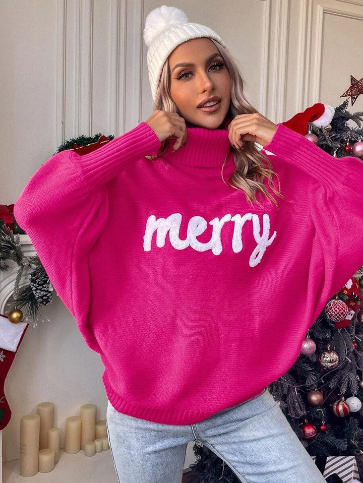 Damen Oversized Rollkragenpullover mit festlichem Schriftzug Drune