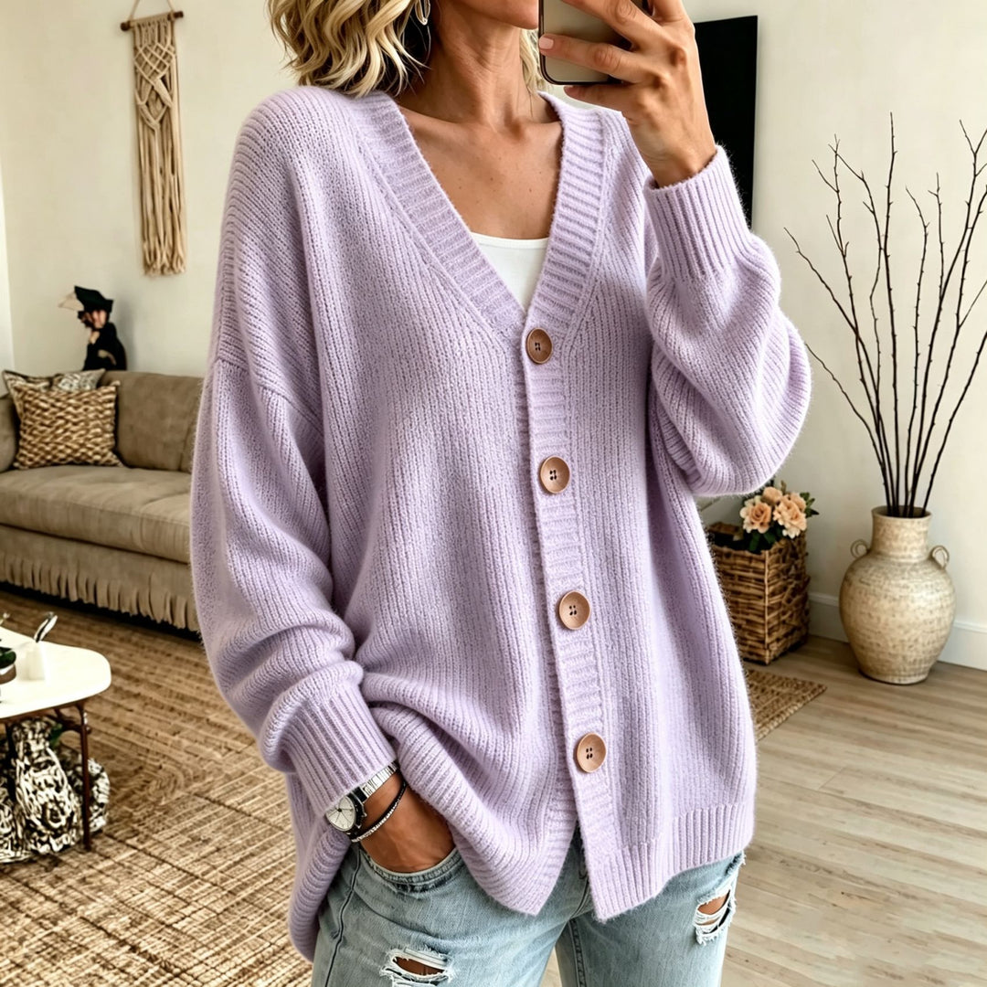 Damen Lockerer Longline-Cardigan mit tiefem V-Ausschnitt und Holzknöpfen Drune