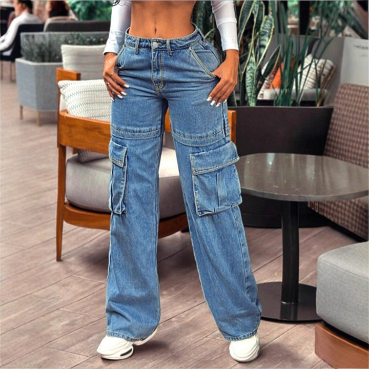 Damen tiefsitzende Wide‑Leg Cargo-Jeans mit XXL-Klappentaschen Drune