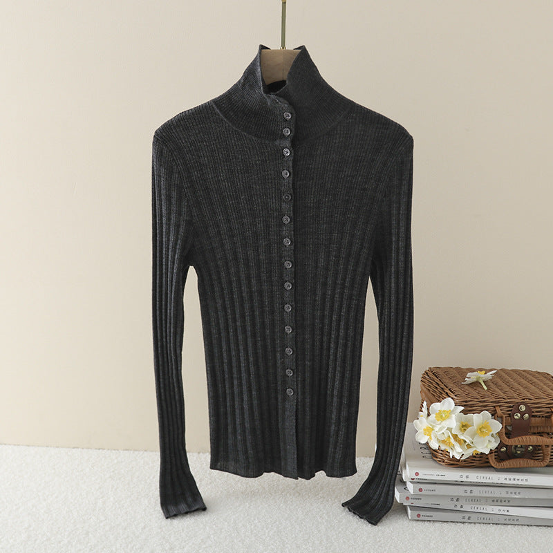Damen Schmaler Rippen-Longsleeve-Cardigan mit verdeckter Knopfleiste und Stehkragen Drune