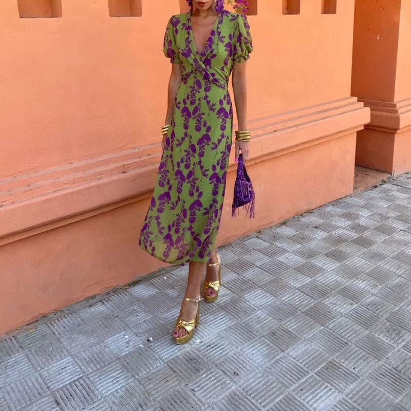 Damen Maxikleid mit tiefem V-Ausschnitt und kunstvollem Rauten-Muster Drune