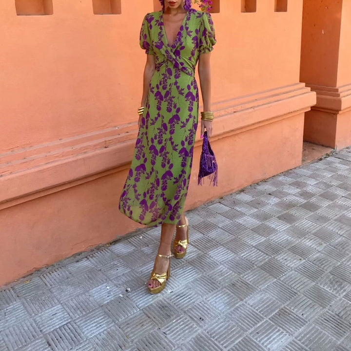 Damen Maxikleid mit tiefem V-Ausschnitt und kunstvollem Rauten-Muster Drune