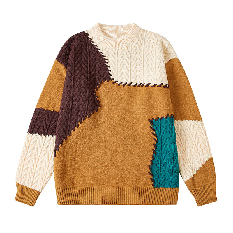 Herren nan strukturierter Patchwork-Strickpullover mit Zopfmuster und Rundhals Drune