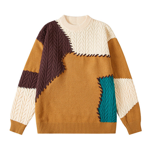 Herren nan strukturierter Patchwork-Strickpullover mit Zopfmuster und Rundhals Drune