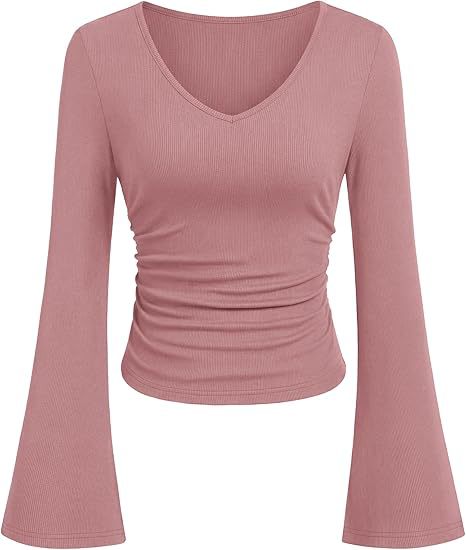 Damen Geripptes Cropped-Top mit V-Ausschnitt, taillierter Raffung und ausgestellten Trompetenärmeln Drune