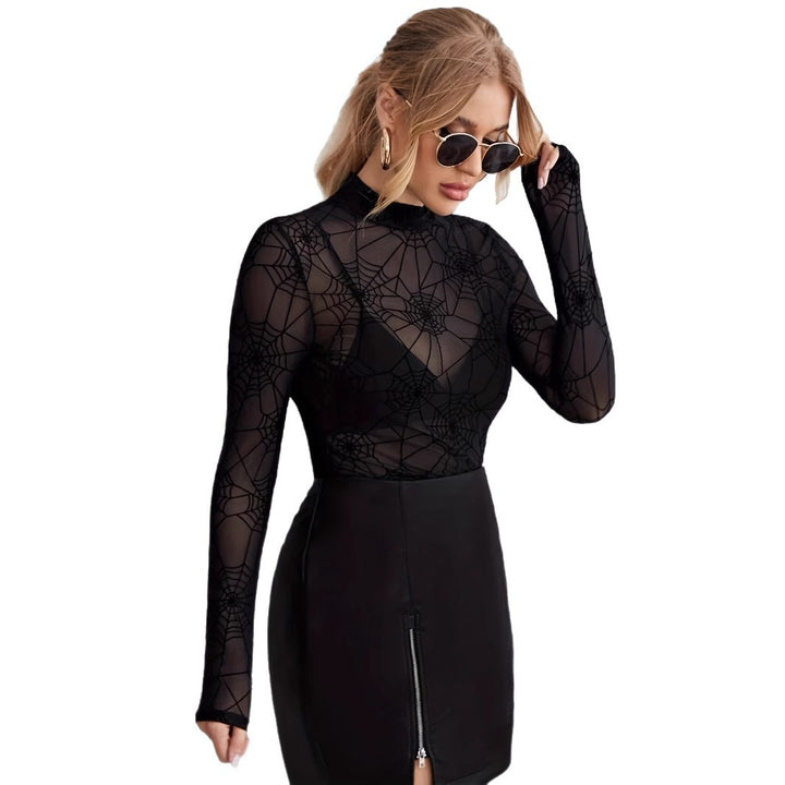 Damen nan transparentes Netzoberteil mit Spinnennetzmuster und Stehkragen Drune