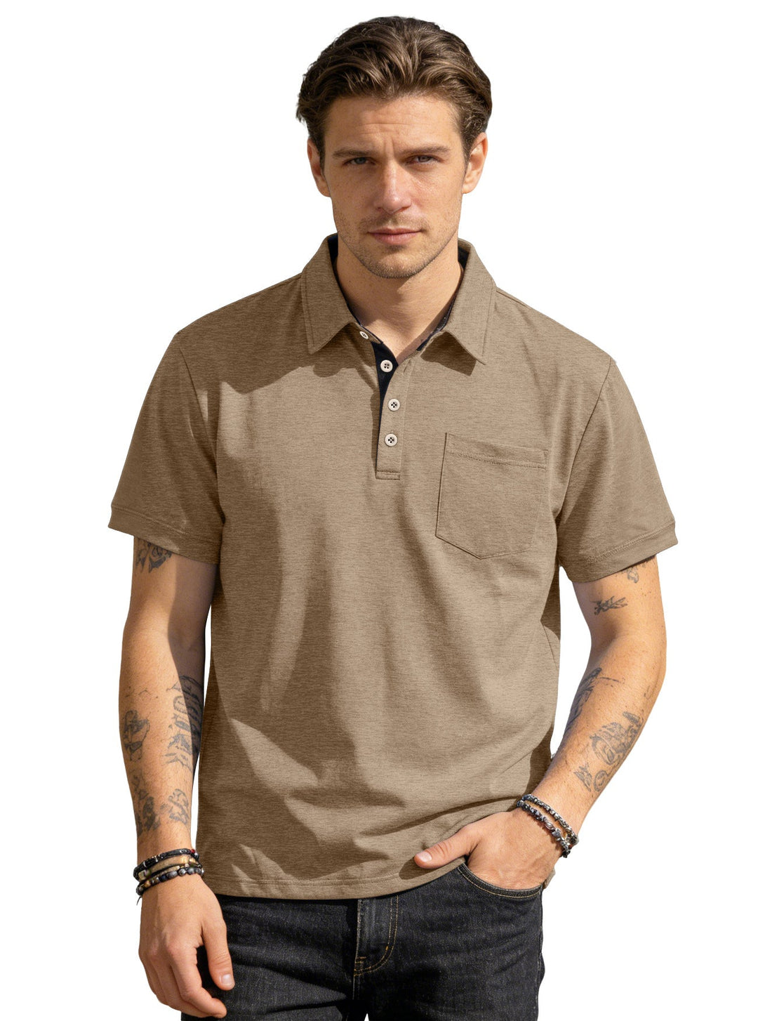 Herren nan Kurzarm-Polokragen-Shirt aus texturiertem Jersey mit Brusttasche und kontrastierter Knopfleiste Drune