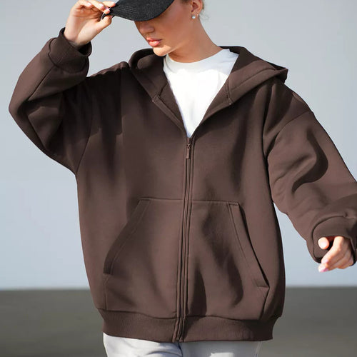 Damen lässiger Kapuzenpullover mit durchgehendem Reißverschluss und großen Taschen Drune
