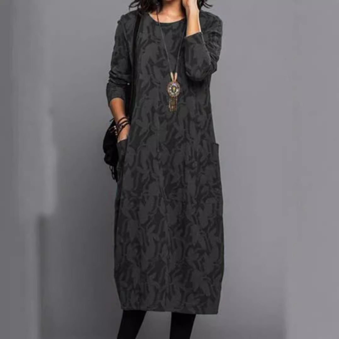 Damen nan locker geschnittenes Midikleid aus Feinstrick mit Ton-in-Ton-Jacquard, Rundhalsausschnitt und seitlichen Eingrifftaschen Drune