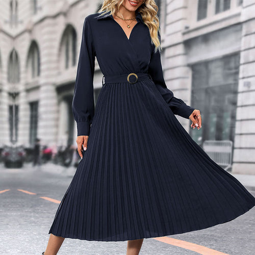 Damen Plissiertes Midikleid mit eleganter Wickeloptik und Taillengürtel Drune