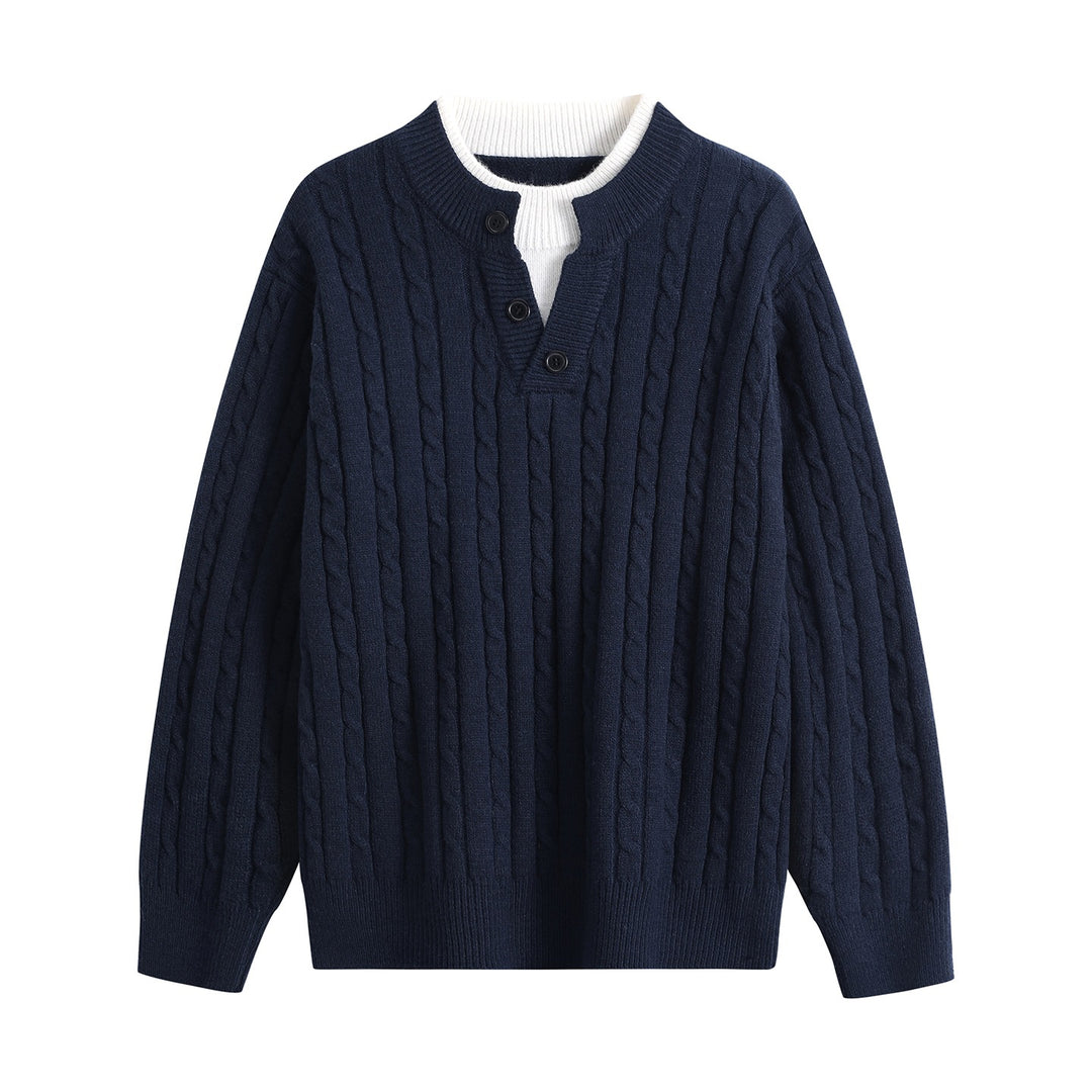 Damen Oversize Zopfstrick-Pullover mit Henley‑Kragen und Kontrastinnenkragen Drune