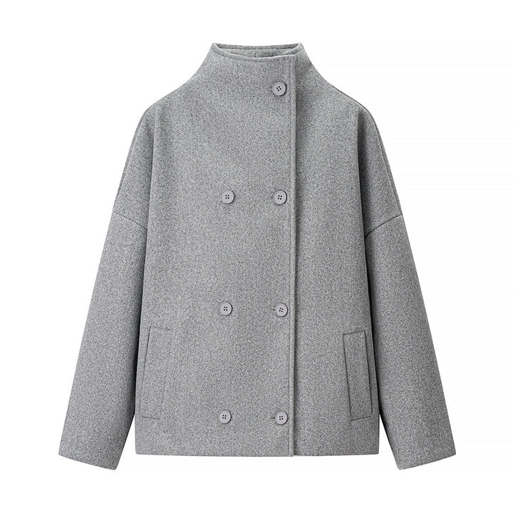 Damen Kurze doppeltgeknöpfte Oversize-Boxy-Jacke mit Stehkragen und Eingrifftaschen Drune