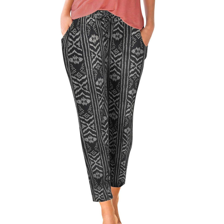 Damen Elegante Blumendruck-Hose mit Elastischem Bund und Seitentaschen Drune