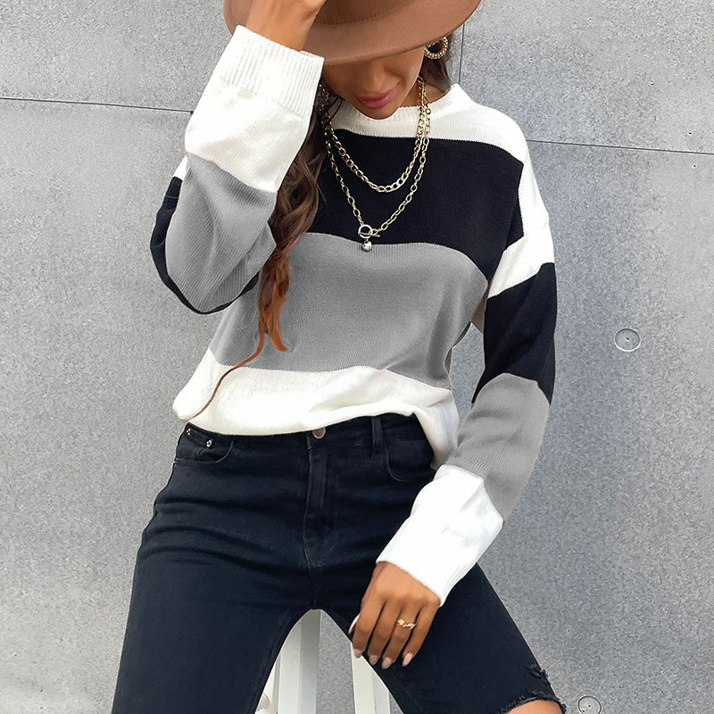 Damen Colorblock-Feinstrickpullover mit überschnittener Schulter und gerippten Bündchen Drune