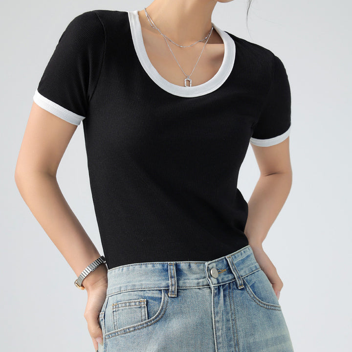 Damen kurzärmliges Shirt mit geometrischem Rippdesign und Kontrastdetails Drune