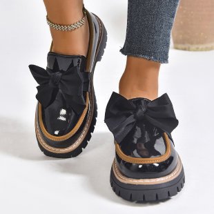 Damen Modische Lack-Loafer mit übergroßer Schleife und grober Profilsohle Drune