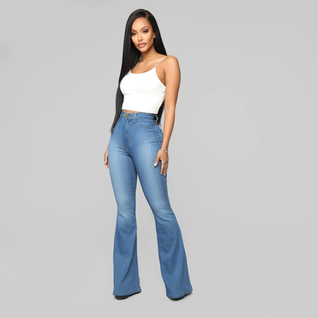 Damen Hochgeschnittene Flared-Jeans aus Stretch-Denim mit taillenformendem Schnitt Drune