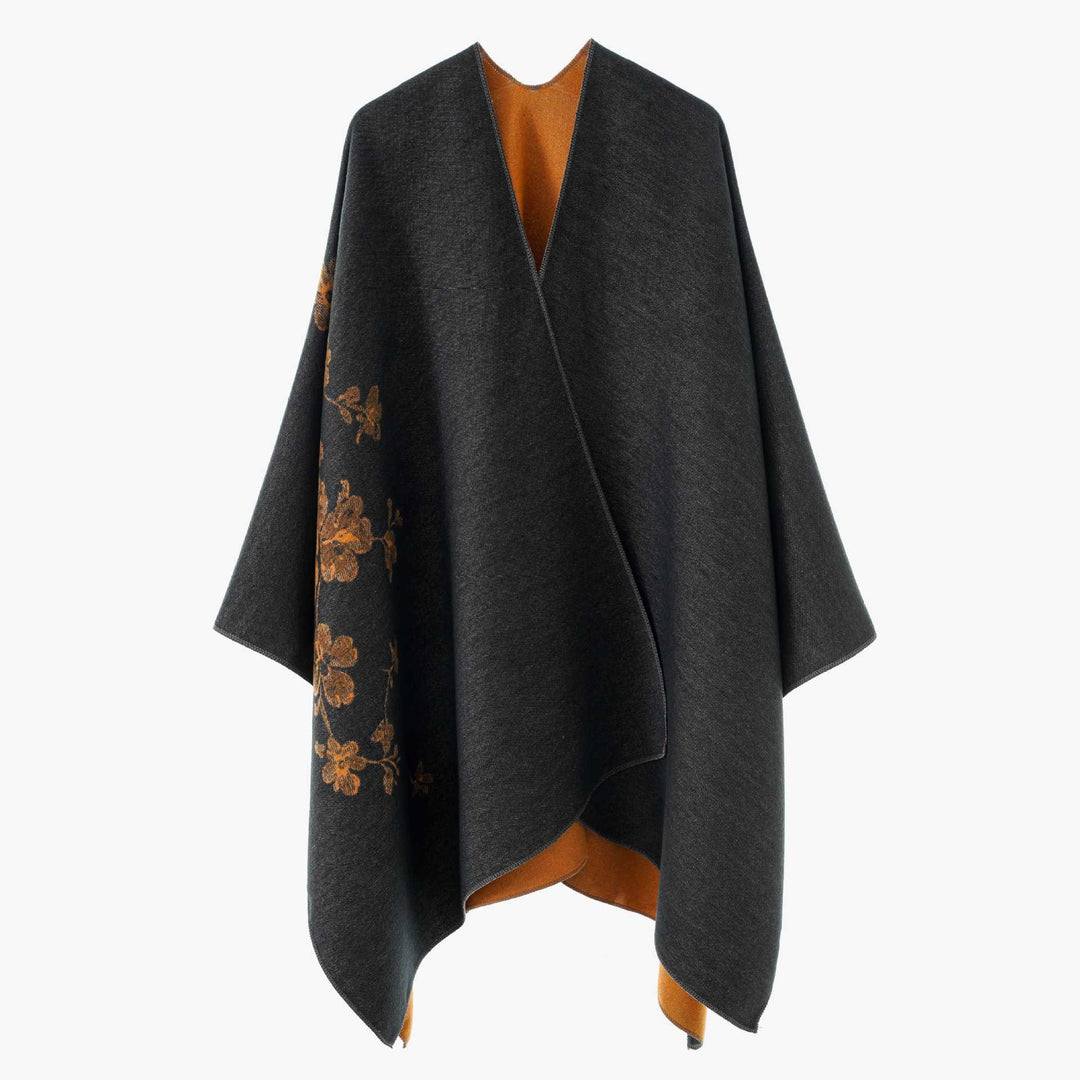 Damen Offener Reversibler Wollmix‑Cape mit floralem Jacquard Drune